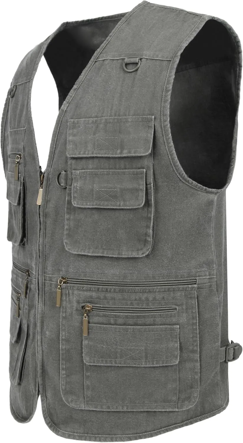 Men's Stone Washed Denim Multi-pocketed Fishing Work Outerwear Vest
