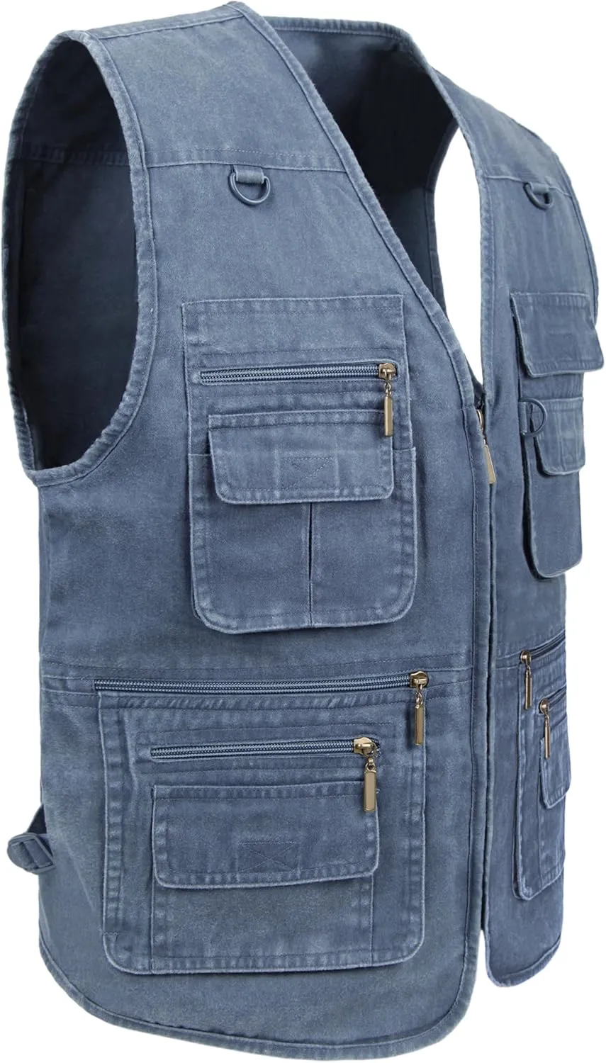 Men's Stone Washed Denim Multi-pocketed Fishing Work Outerwear Vest