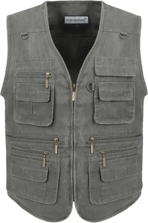 Men's Stone Washed Denim Multi-pocketed Fishing Work Outerwear Vest