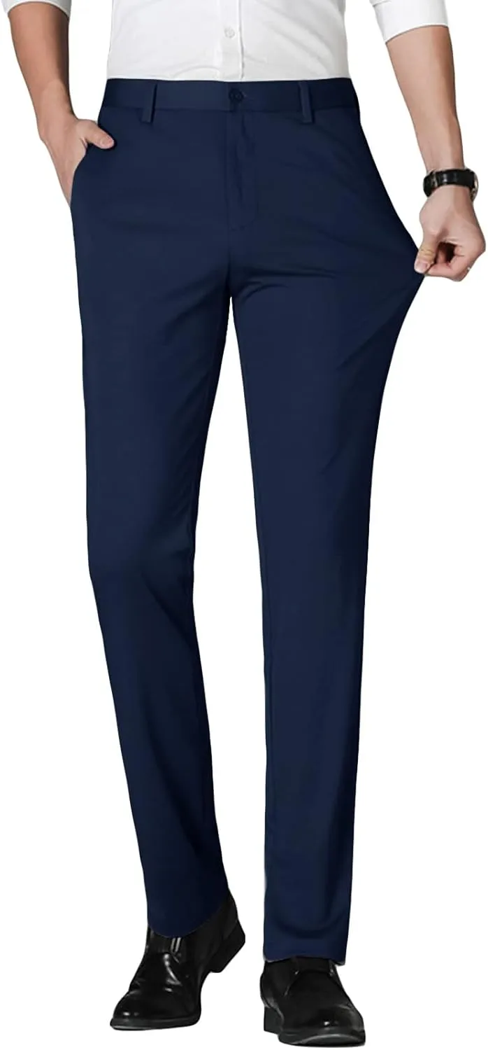 Men's Straight Fit Stretch Dress Pants Classic Fit Flat Front Chino Pant Solid Comfort Slim Fit Skinny Suit Pants