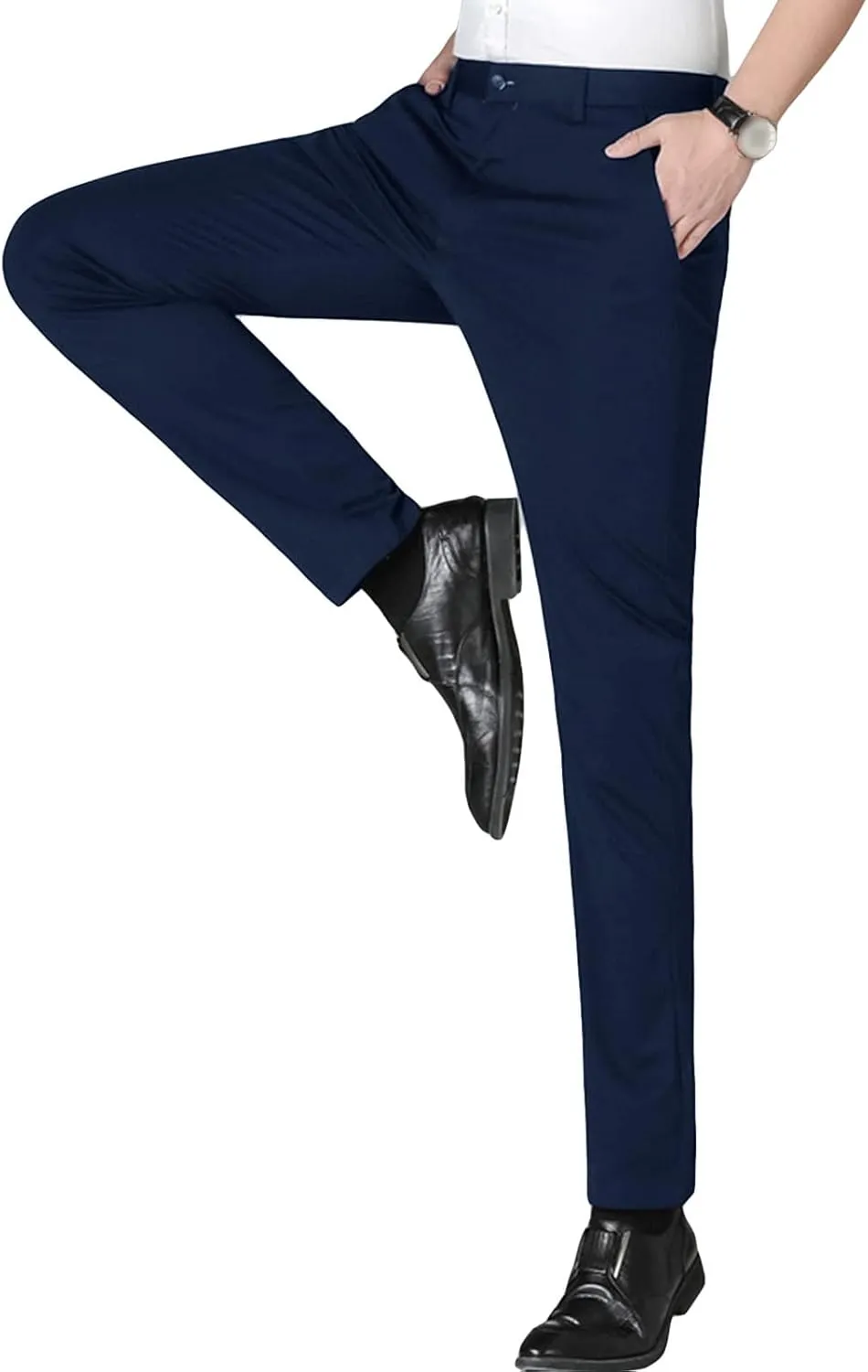 Men's Straight Fit Stretch Dress Pants Classic Fit Flat Front Chino Pant Solid Comfort Slim Fit Skinny Suit Pants