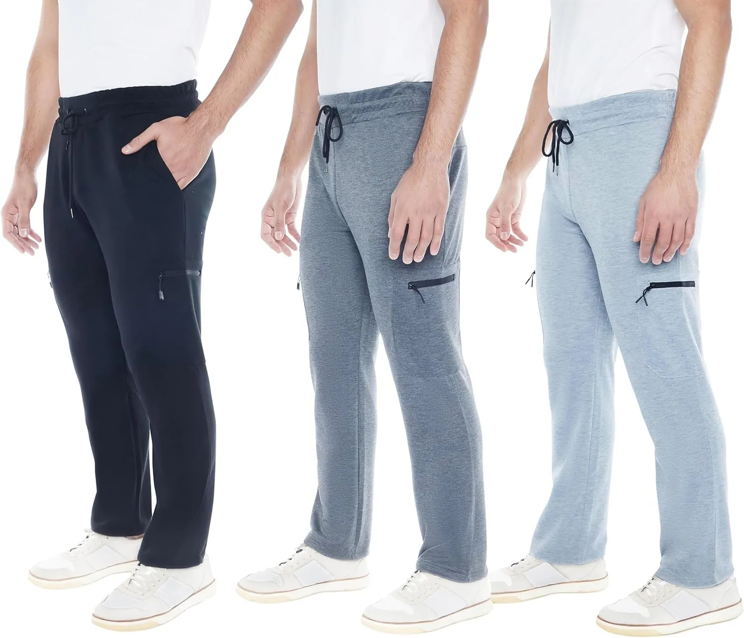 Mens Sweatpants 3-Pack Tech Fleece Cargo Active Athletic Pants with Cargo Zipper Pockets and Drawstring. Sizes: XS to 3XL.
