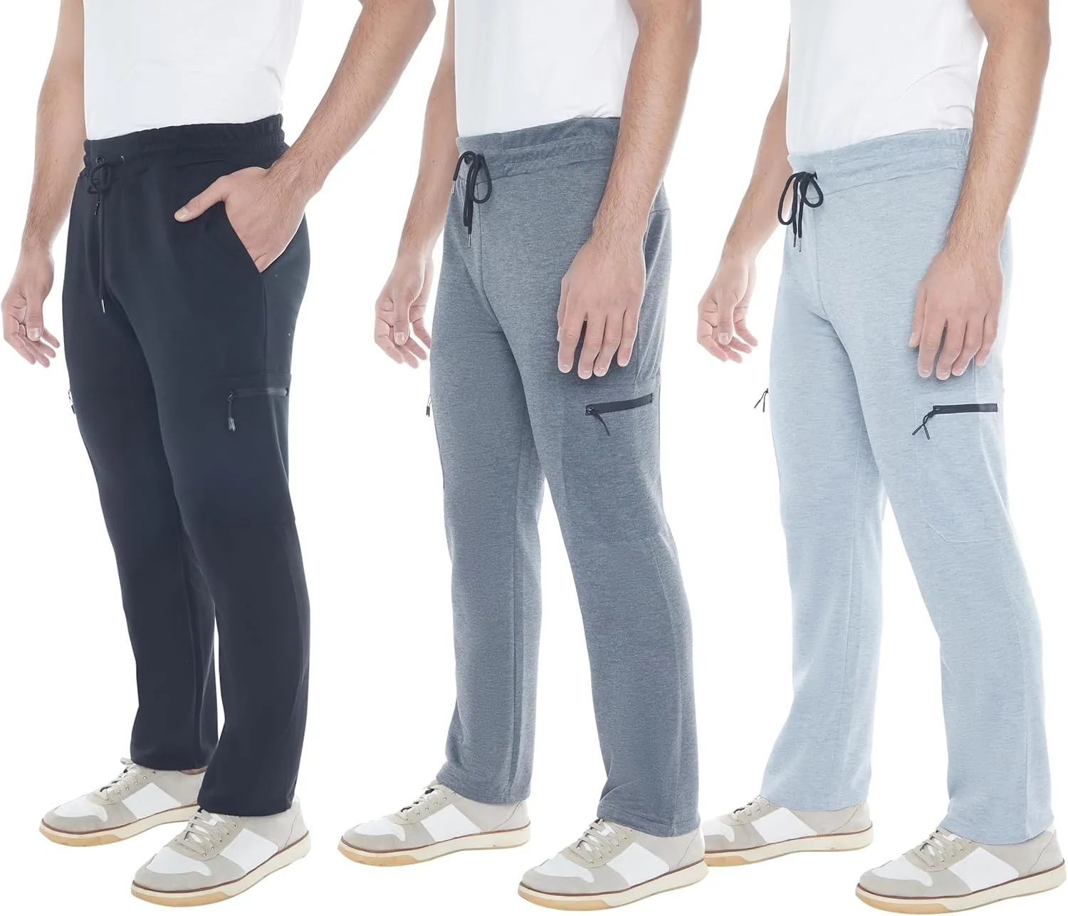 Mens Sweatpants 3-Pack Tech Fleece Cargo Active Athletic Pants with Cargo Zipper Pockets and Drawstring. Sizes: XS to 3XL.