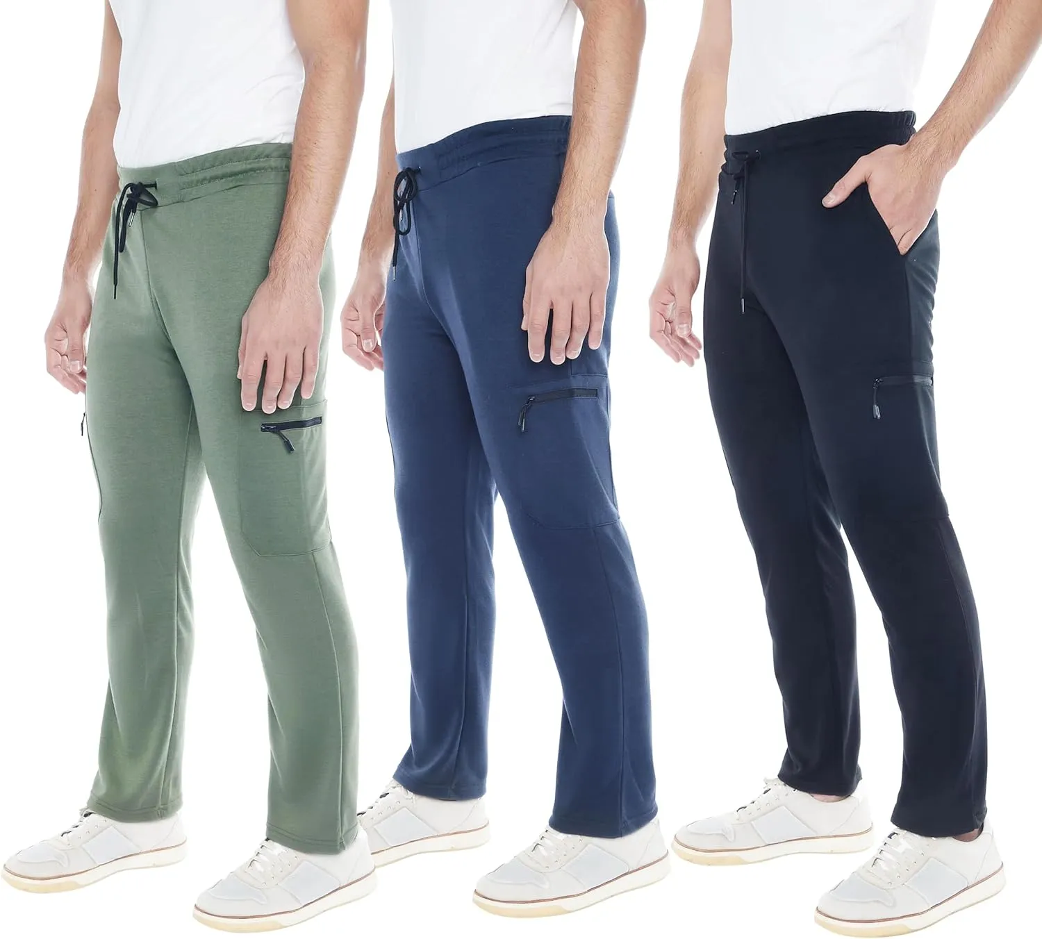 Mens Sweatpants 3-Pack Tech Fleece Cargo Active Athletic Pants with Cargo Zipper Pockets and Drawstring. Sizes: XS to 3XL.