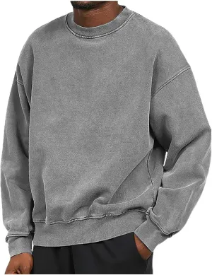 Mens Sweatshirt Solid Distressed Washed Pullover Casual Off-Shoulder Solid Color Comfort Vintage Hoodless Long Sleeve