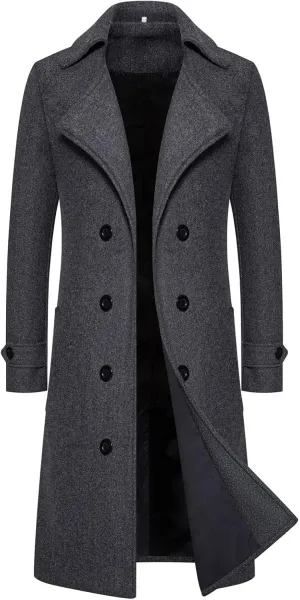 Men's Trench Coat Fashion Easy Notch Lapel Business Casual Fleece Jacket Solid Long Pea Coat Windbreaker Overcoat
