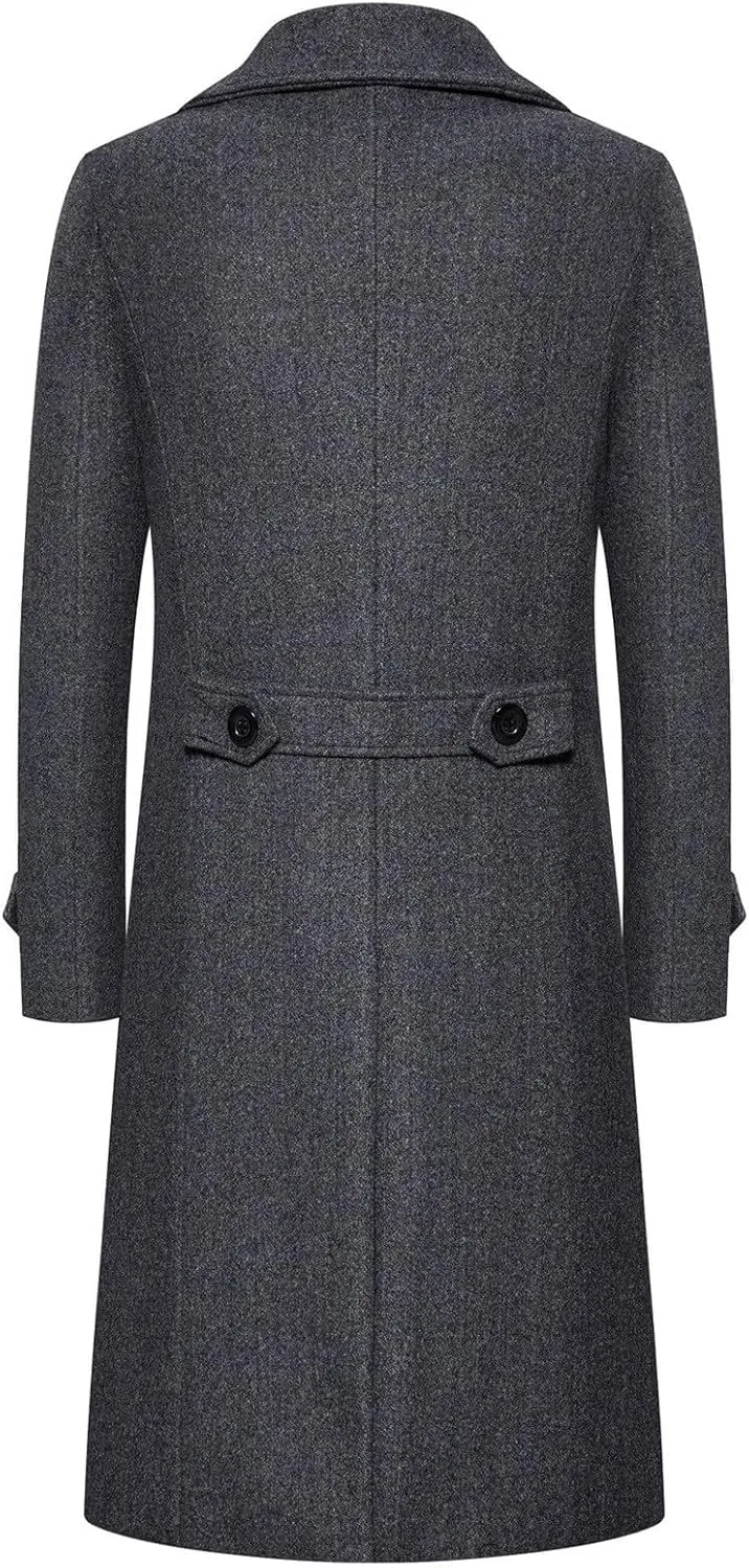 Men's Trench Coat Fashion Easy Notch Lapel Business Casual Fleece Jacket Solid Long Pea Coat Windbreaker Overcoat