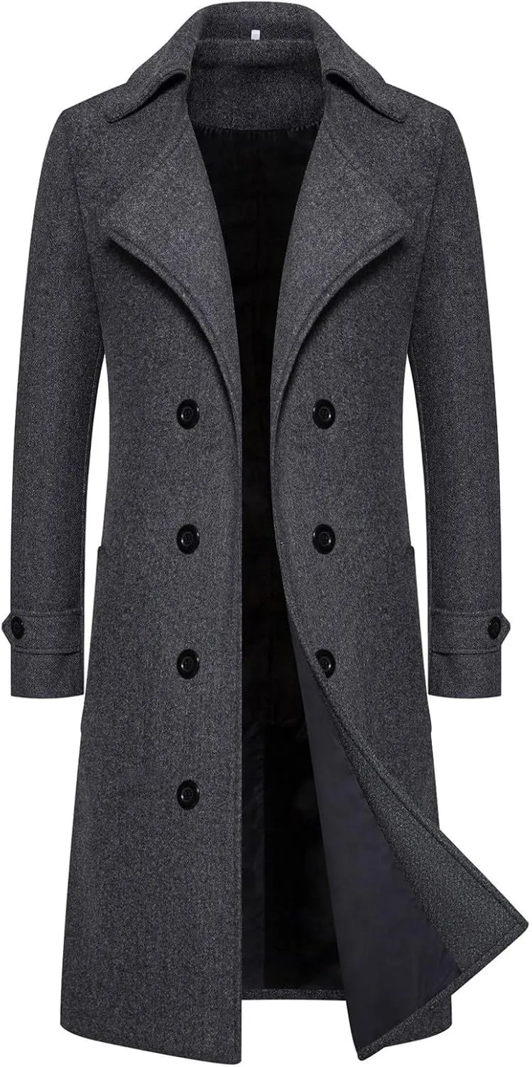 Men's Trench Coat Fashion Easy Notch Lapel Business Casual Fleece Jacket Solid Long Pea Coat Windbreaker Overcoat