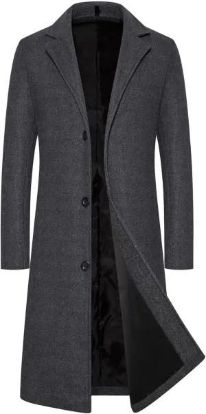 Mens Trench Coat Notch Lapel Single Breasted Pea Coat Wool Blend Winter Warm Overcoat Winter Chunky Warm Overcoats