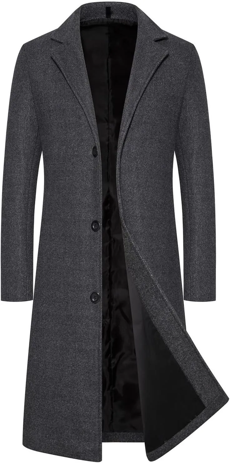 Mens Trench Coat Notch Lapel Single Breasted Pea Coat Wool Blend Winter Warm Overcoat Winter Chunky Warm Overcoats
