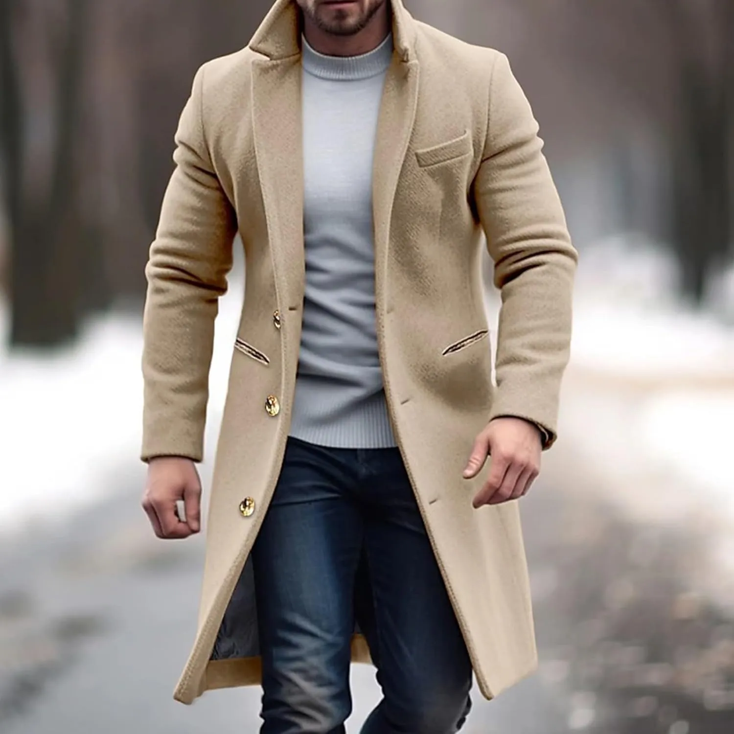 Men's Trench Coat Slim Fit Notch Lapel Single Breasted Overcoat Winter Warm Cotton Business Long Jacket Windbreaker