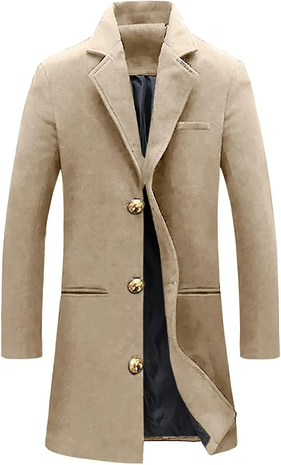 Men's Trench Coat Slim Fit Notch Lapel Single Breasted Overcoat Winter Warm Cotton Business Long Jacket Windbreaker