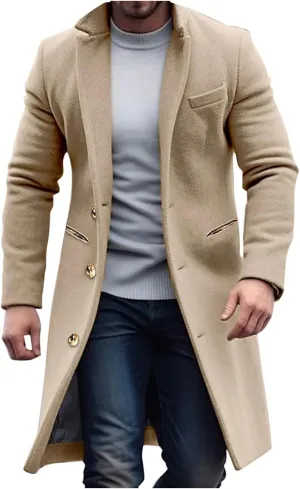 Men's Trench Coat Slim Fit Notch Lapel Single Breasted Overcoat Winter Warm Cotton Business Long Jacket Windbreaker