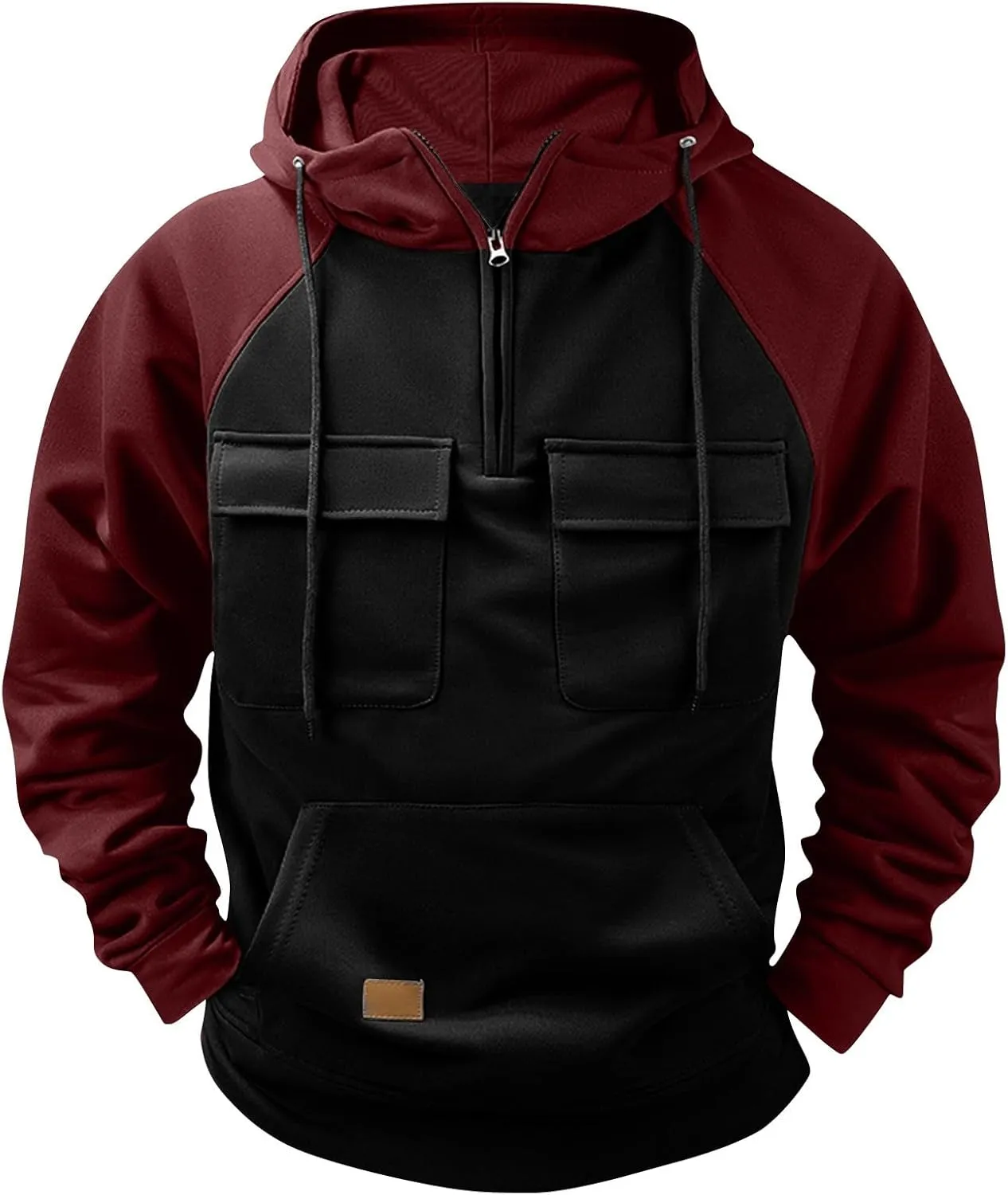 Men's Two-Tone Pullover Hoodie with Front Pockets, Half-Zip, and Adjustable Drawstring Casual Wear