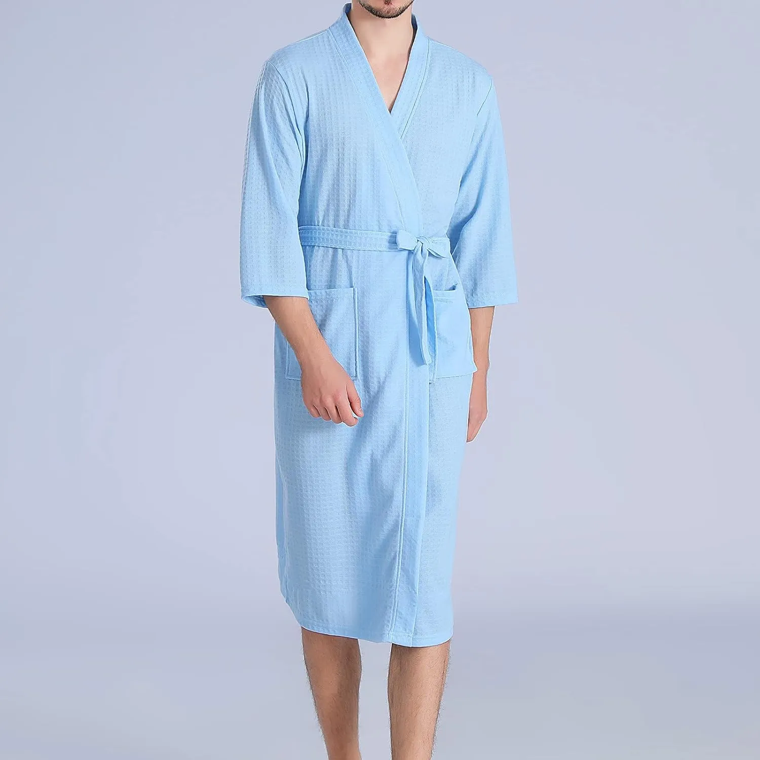 Men's Waffle Robe, Lightweight Knee Length Kimono Bathrobe, Nightgown Shower Robes for Spa Soft Comforable Sleepwear