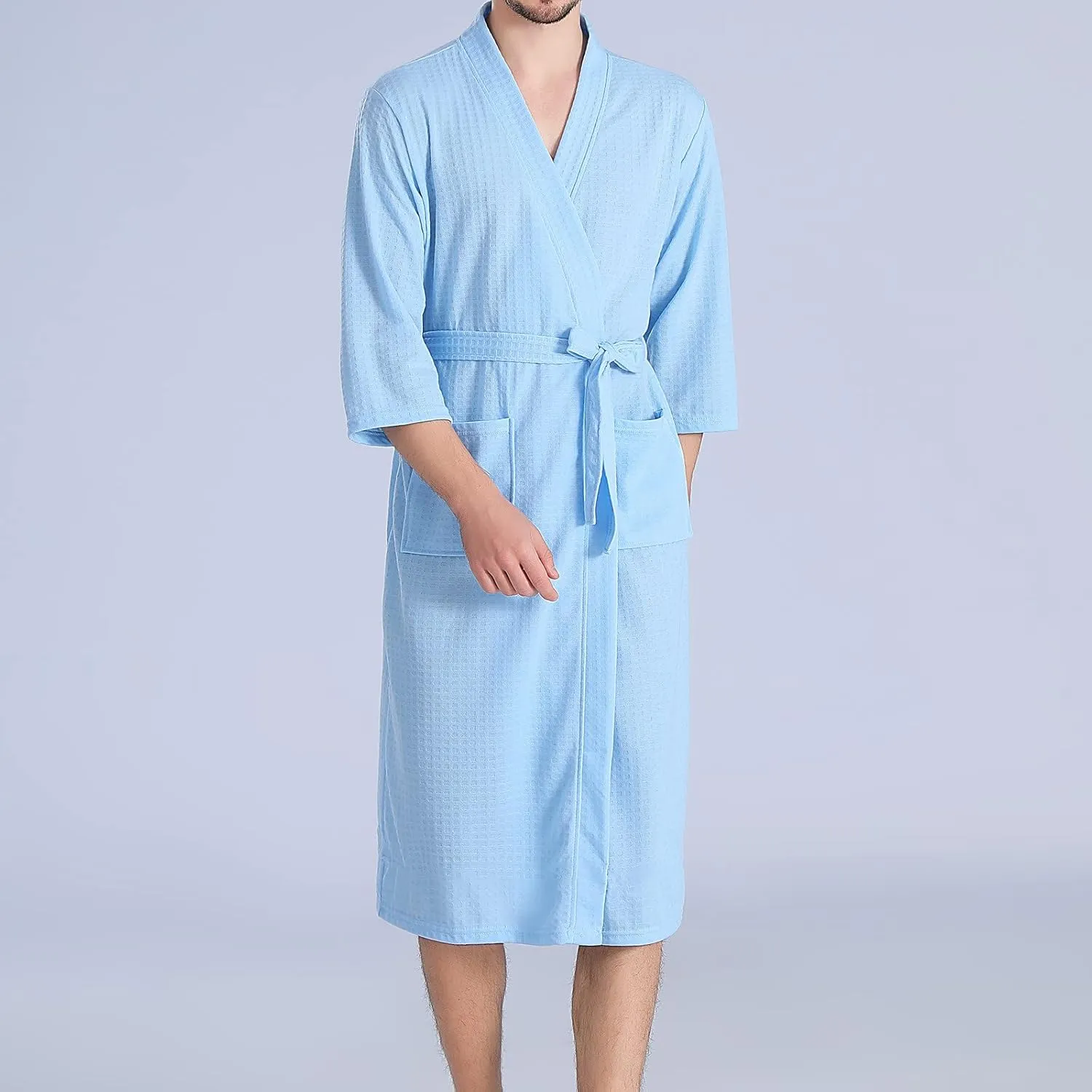 Men's Waffle Robe, Lightweight Knee Length Kimono Bathrobe, Nightgown Shower Robes for Spa Soft Comforable Sleepwear