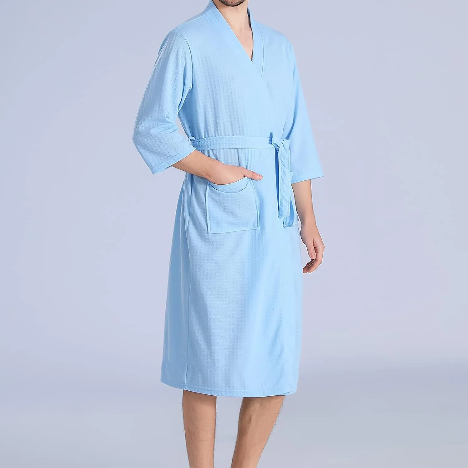 Men's Waffle Robe, Lightweight Knee Length Kimono Bathrobe, Nightgown Shower Robes for Spa Soft Comforable Sleepwear