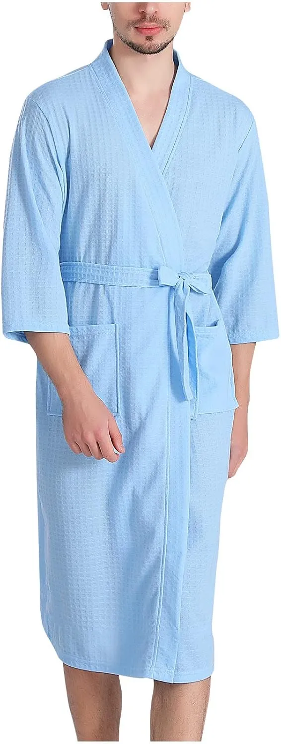 Men's Waffle Robe, Lightweight Knee Length Kimono Bathrobe, Nightgown Shower Robes for Spa Soft Comforable Sleepwear