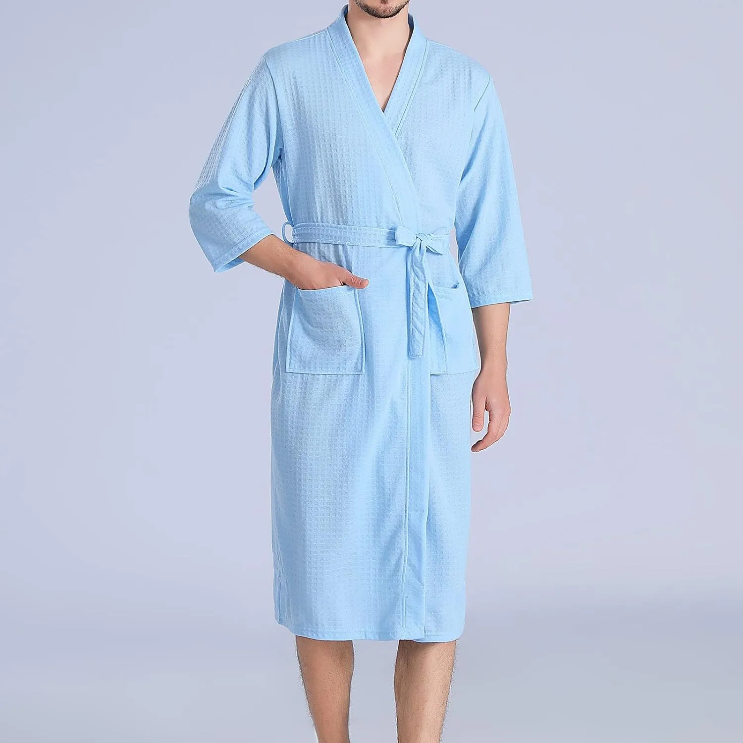 Men's Waffle Robe, Lightweight Knee Length Kimono Bathrobe, Nightgown Shower Robes for Spa Soft Comforable Sleepwear