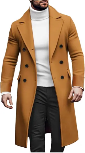 Men's Winter Trench Coat Wool Blend Pea Coat Slim Fit Notched Lapel Double Breasted Overcoat Business down Jacket