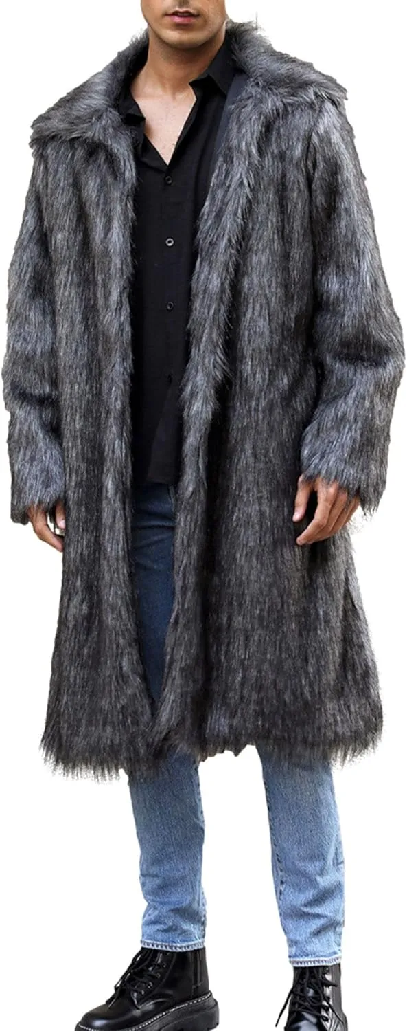 Mens Winter Warm Leopard Faux Fur Long Length Luxury Outerwear Coat Jacket