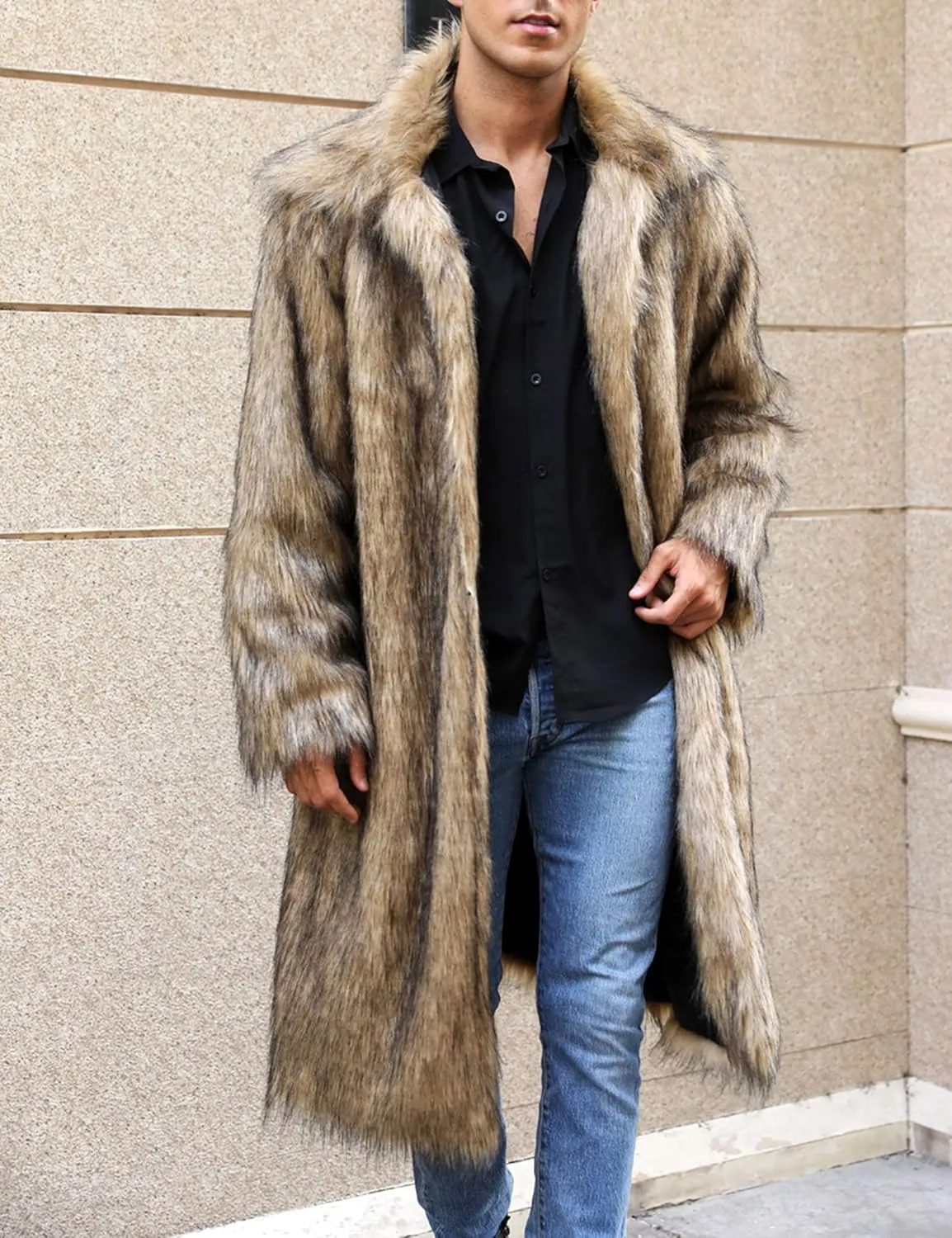 Mens Winter Warm Leopard Faux Fur Long Length Luxury Outerwear Coat Jacket