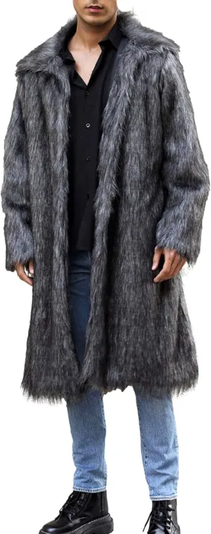 Mens Winter Warm Leopard Faux Fur Long Length Luxury Outerwear Coat Jacket