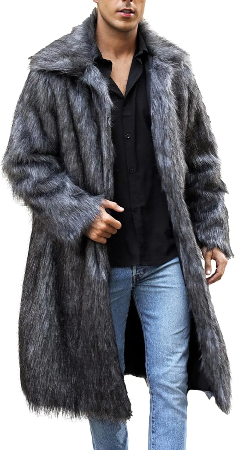 Mens Winter Warm Leopard Faux Fur Long Length Luxury Outerwear Coat Jacket