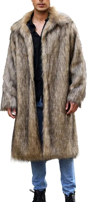 Mens Winter Warm Leopard Faux Fur Long Length Luxury Outerwear Coat Jacket