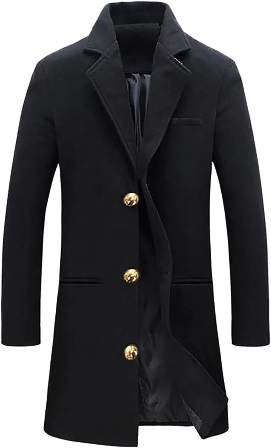 Mens Wool Blend Coat Winter Trench Coats Notched Lapel Collar Single Breasted Overcoat Classic Peacoat With Pockets
