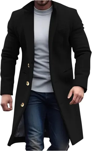 Mens Wool Blend Coat Winter Trench Coats Notched Lapel Collar Single Breasted Overcoat Classic Peacoat With Pockets