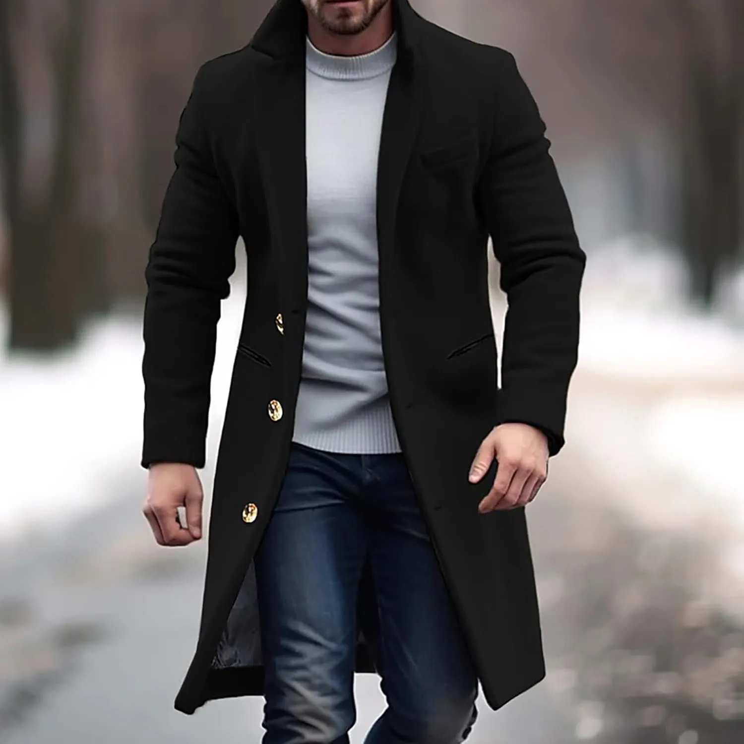 Mens Wool Blend Coat Winter Trench Coats Notched Lapel Collar Single Breasted Overcoat Classic Peacoat With Pockets