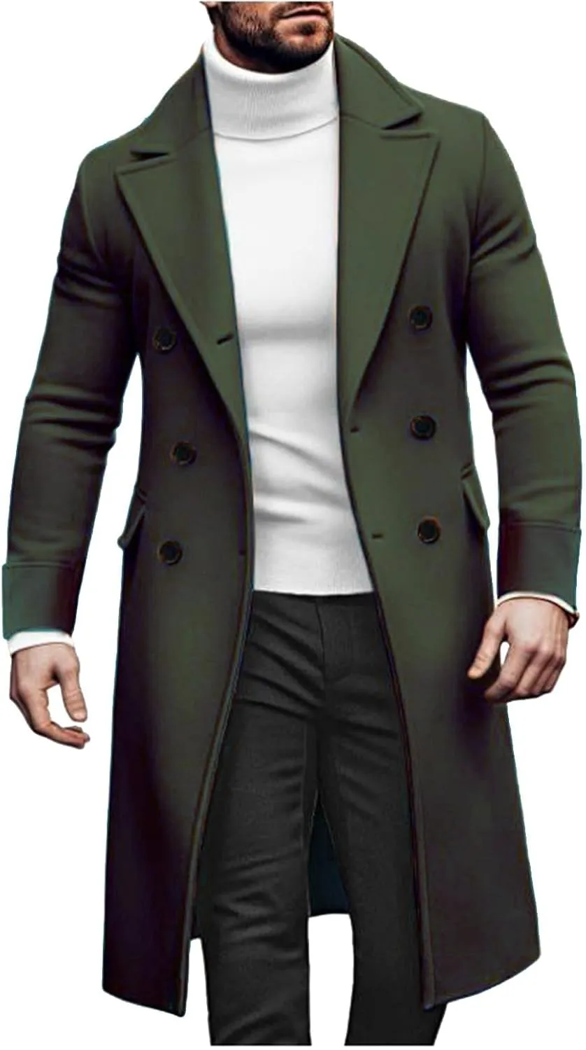 Men's Wool Blend Pea Coat Notched Collar Double Breasted Overcoat Warm Winter Trench Coat Long Jacket Witn Pockets