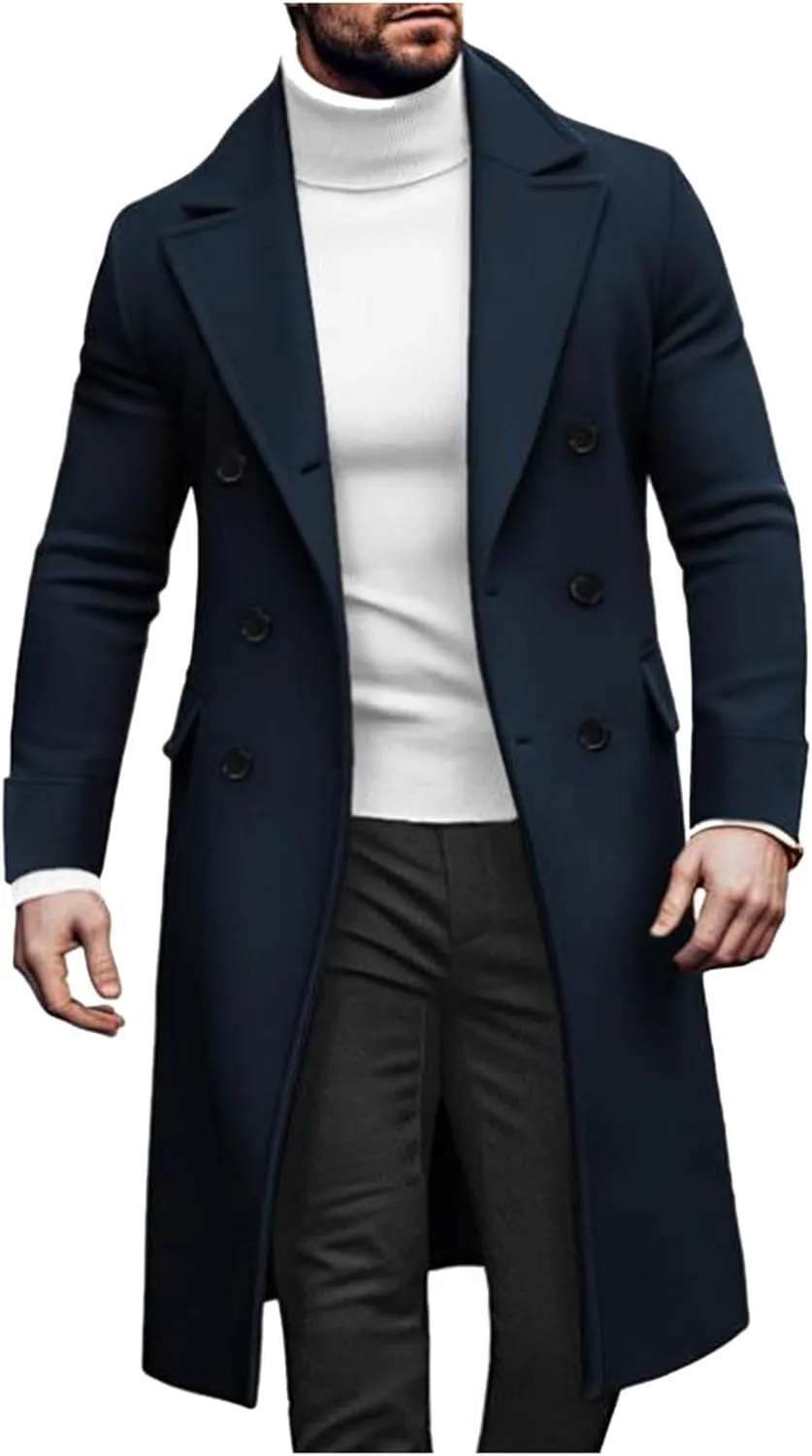Men's Wool Blend Pea Coat Notched Collar Double Breasted Overcoat Warm Winter Trench Coat Long Jacket Witn Pockets