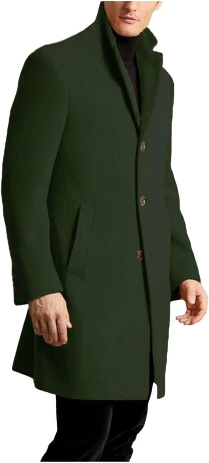 Men's Wool Blend Pea Coat Notched Collar Single Breasted Mid Long Windbreaker Overcoat Warm Winter Trench Coat M-2XL