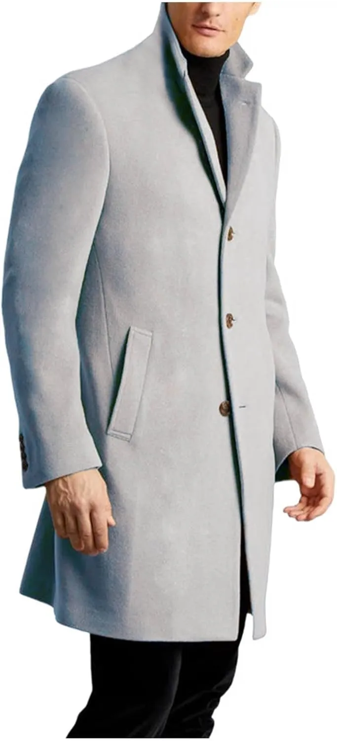 Men's Wool Blend Pea Coat Notched Collar Single Breasted Mid Long Windbreaker Overcoat Warm Winter Trench Coat M-2XL