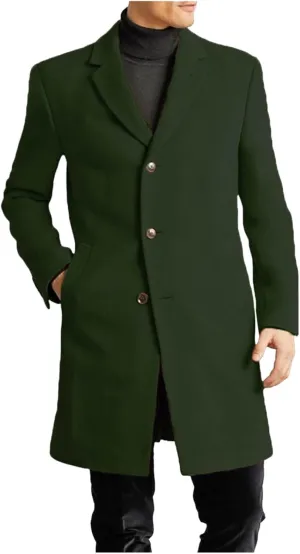 Men's Wool Blend Pea Coat Notched Collar Single Breasted Mid Long Windbreaker Overcoat Warm Winter Trench Coat M-2XL