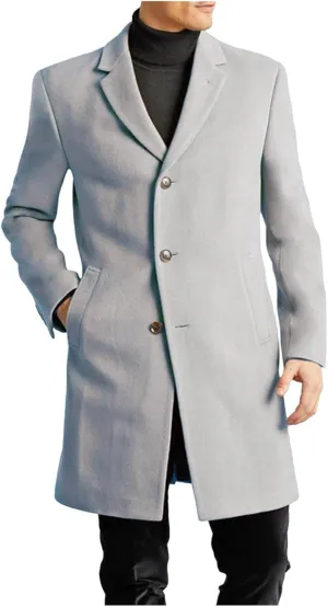 Men's Wool Blend Pea Coat Notched Collar Single Breasted Mid Long Windbreaker Overcoat Warm Winter Trench Coat M-2XL