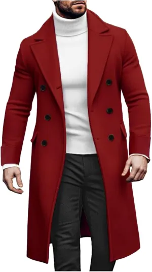 Mens Wool Blend Pea Coat Slim Fit Winter Trench Coat Notched Lapel Double Breasted Overcoat Business Mid Long Jacket