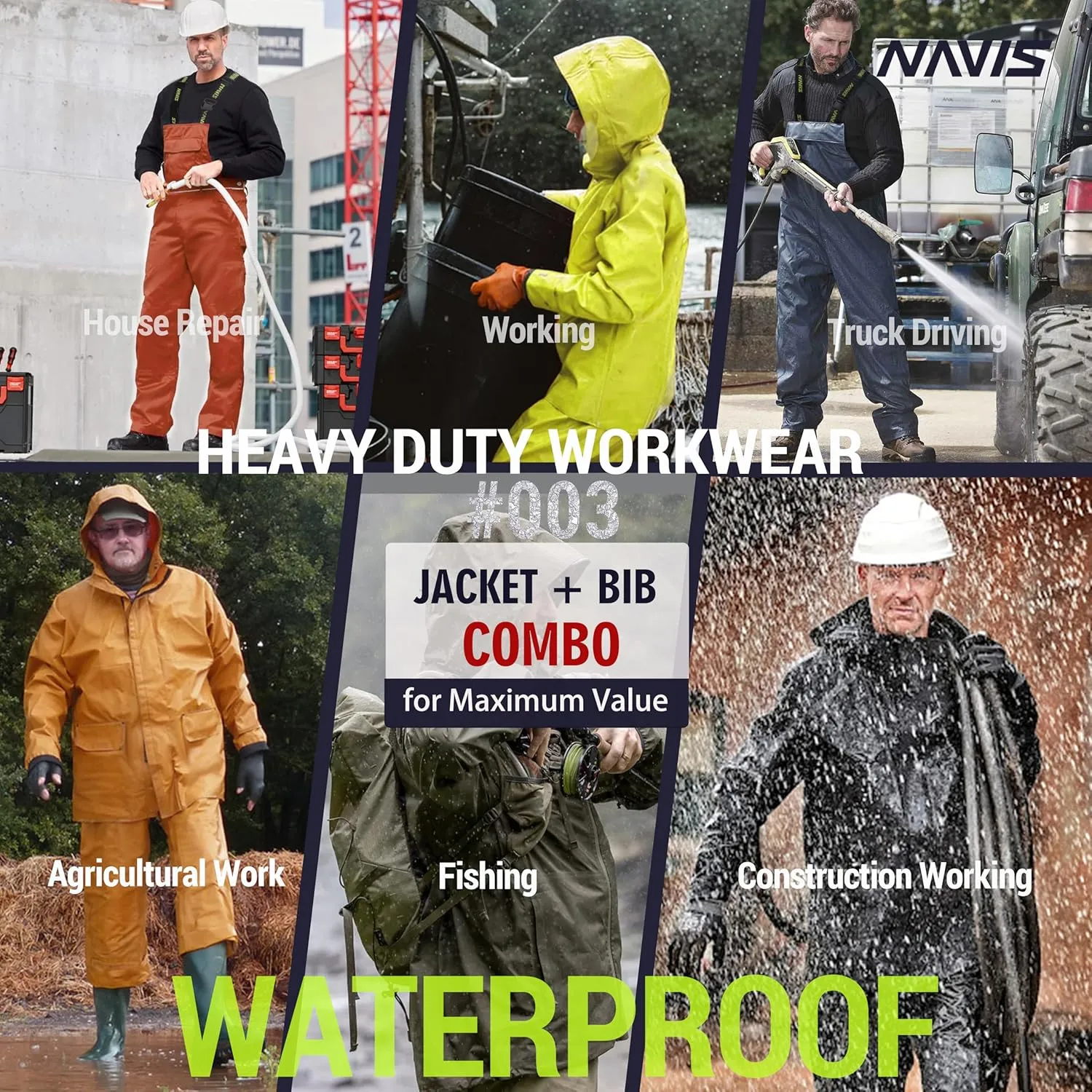 Men's Workwear PRO Rain Suit - Waterproof Jacket and Bib Pants 3-piece Set for Ultimate Safety and Comfort