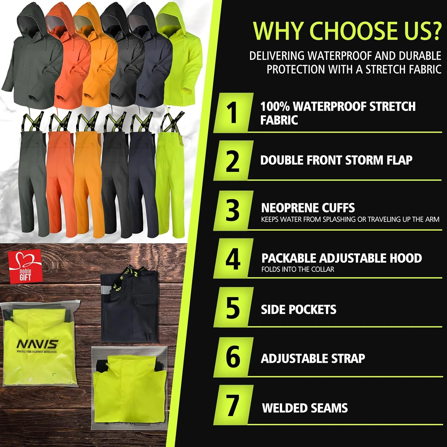 Men's Workwear PRO Rain Suit - Waterproof Jacket and Bib Pants 3-piece Set for Ultimate Safety and Comfort
