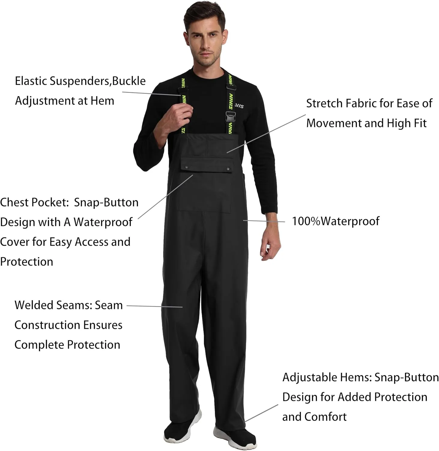 Men's Workwear PRO Rain Suit - Waterproof Jacket and Bib Pants 3-piece Set for Ultimate Safety and Comfort