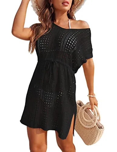MEROKEETY Short Sleeve Tie Waist Crochet Coverup