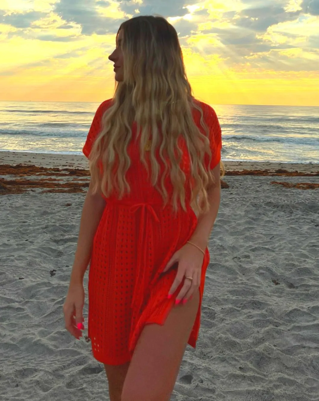 MEROKEETY Short Sleeve Tie Waist Crochet Coverup