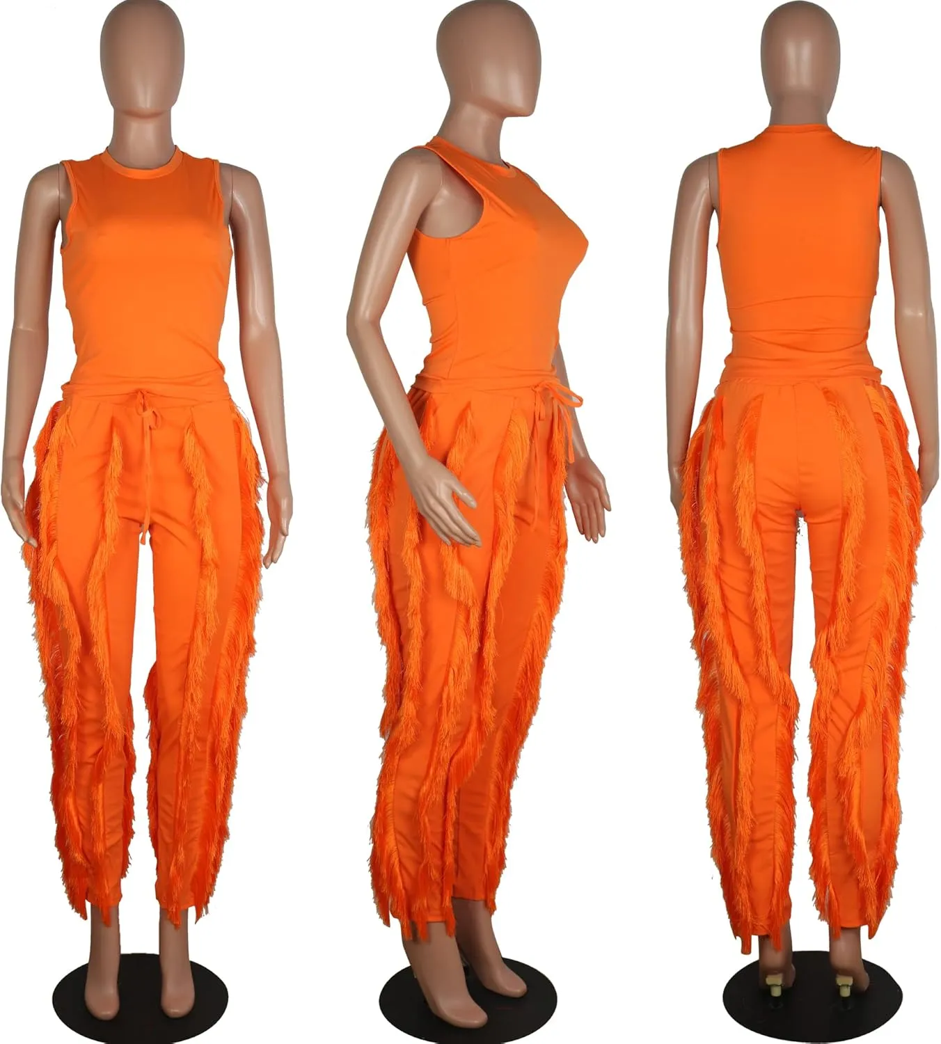MESLIMA Workout Sets for Women 2 Piece Outfits Sleeveless Tank Top with Tassels Solid Long Pants Sweatsuit