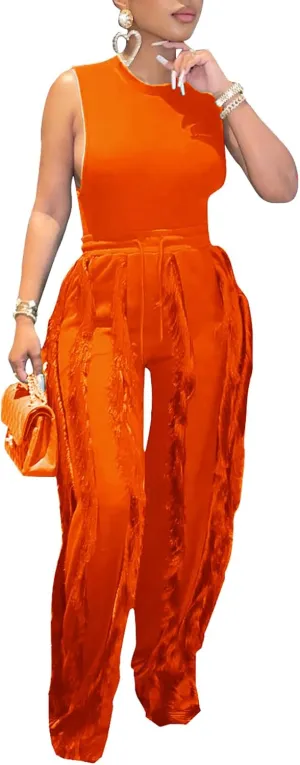 MESLIMA Workout Sets for Women 2 Piece Outfits Sleeveless Tank Top with Tassels Solid Long Pants Sweatsuit