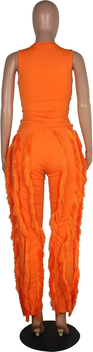 MESLIMA Workout Sets for Women 2 Piece Outfits Sleeveless Tank Top with Tassels Solid Long Pants Sweatsuit