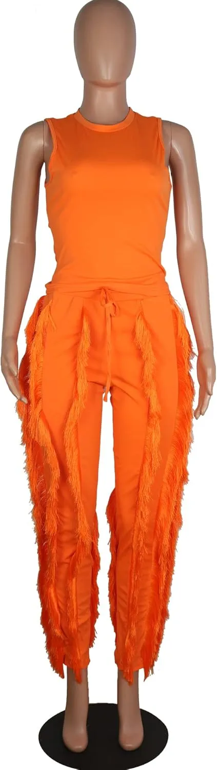 MESLIMA Workout Sets for Women 2 Piece Outfits Sleeveless Tank Top with Tassels Solid Long Pants Sweatsuit