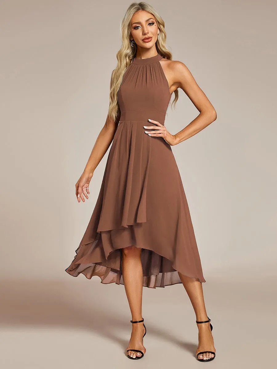 Midi A Line Sleeveless Halter Neck Wedding Guest Dress in Chiffon