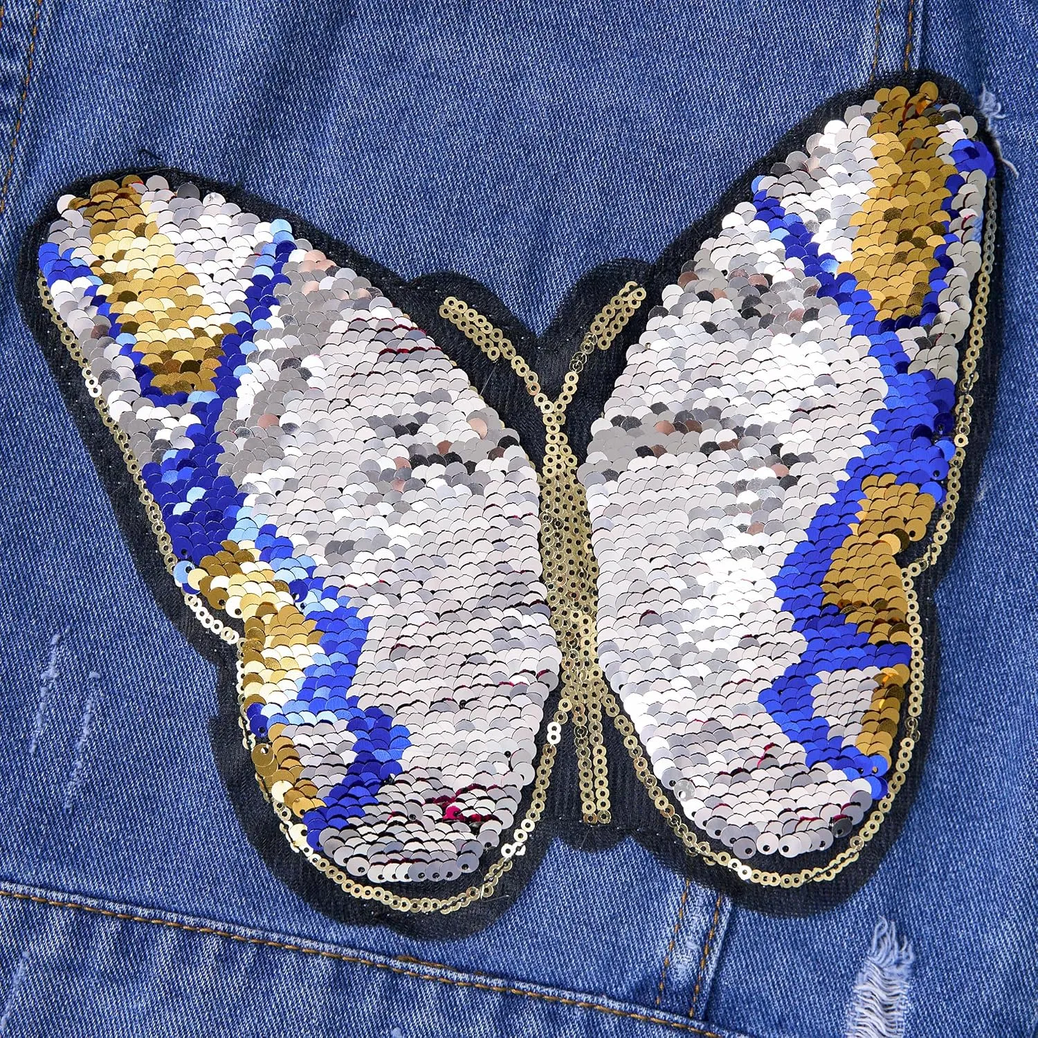 Miipat Toddler Girls Denim Jacket Sequin Patchwork Jean Jacket Little Kids Button Down Long Sleeve Jean Coat